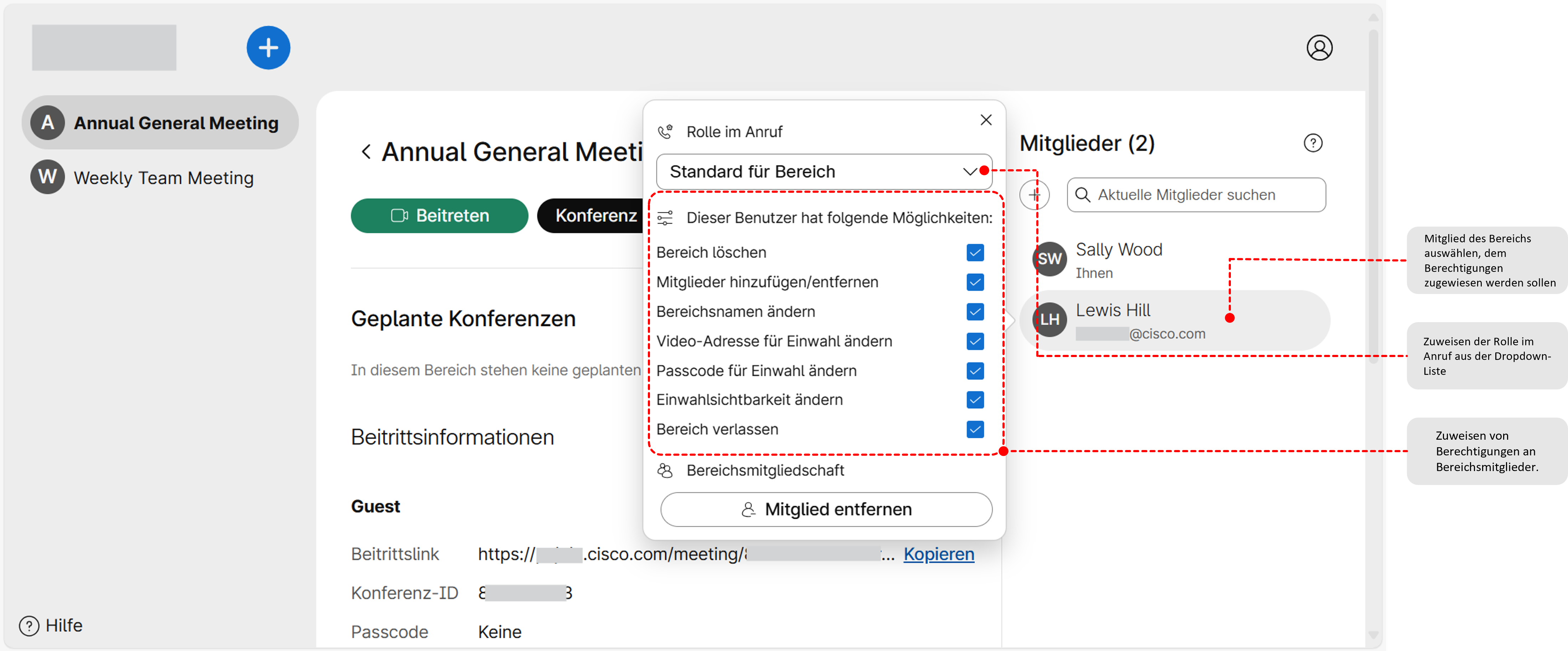 Liste mit Rollen und Berechtigungen der Mitglieder