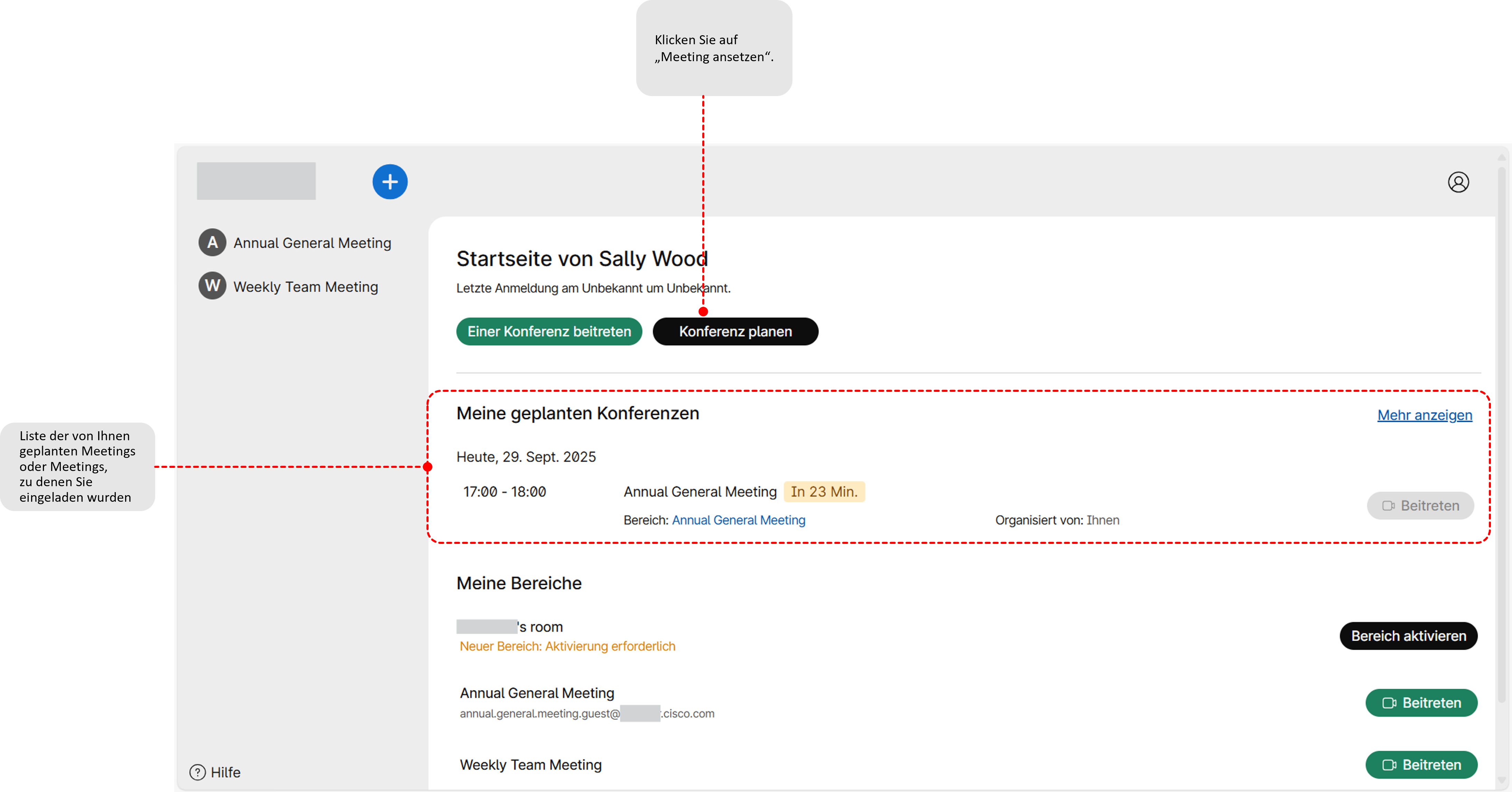 Seite "Meeting planen" mit einer Liste der geplanten Meetings oder Meetings, zu denen Teilnehmer eingeladen sind