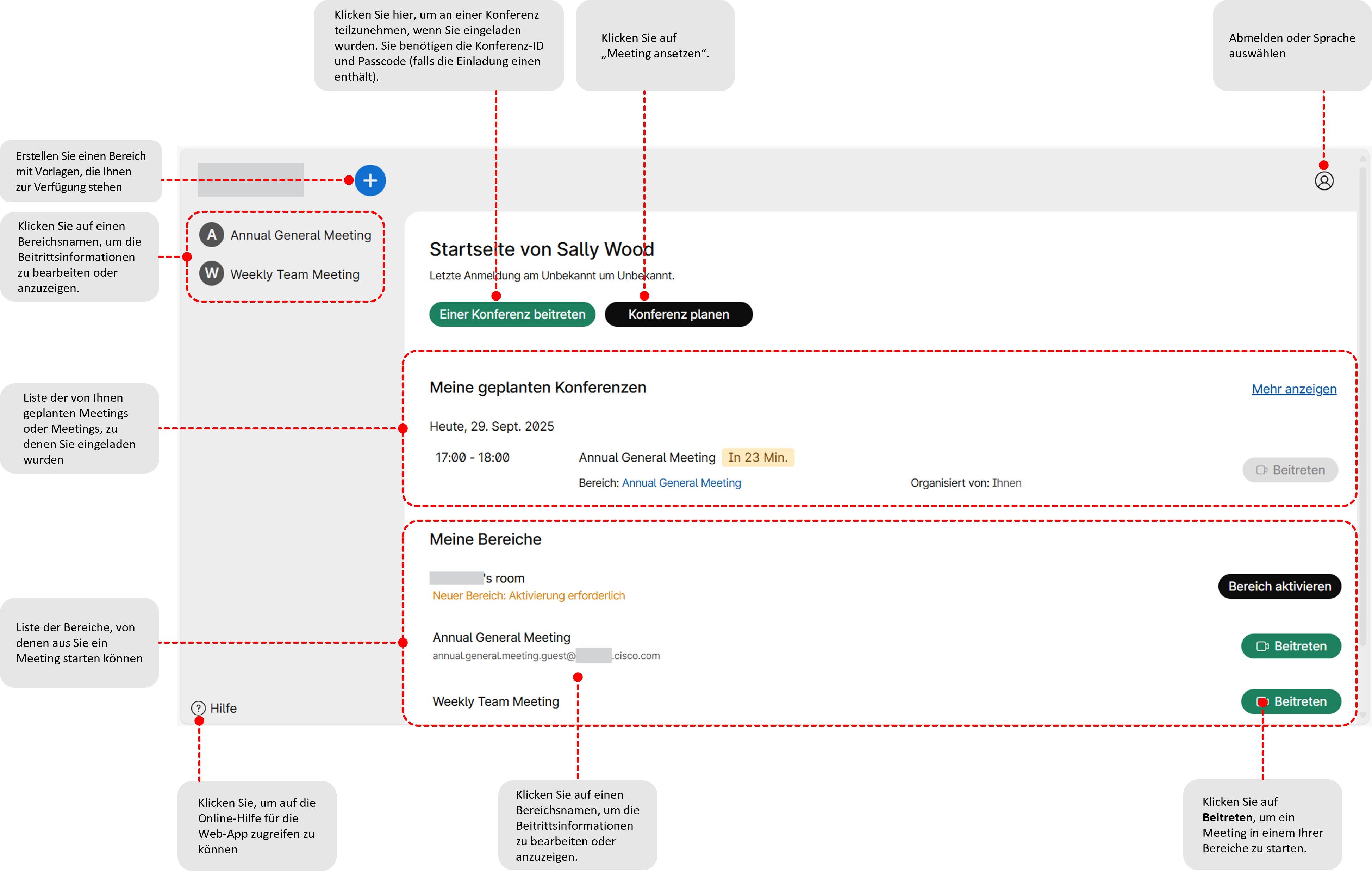 Die Benutzeroberfläche der Web-App zeigt Bereiche, geplante Besprechungen sowie Optionen