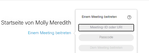 Das Popup-Fenster "Meeting beitreten" zeigt Optionen zur Eingabe der Meeting-ID und des Passcodes.